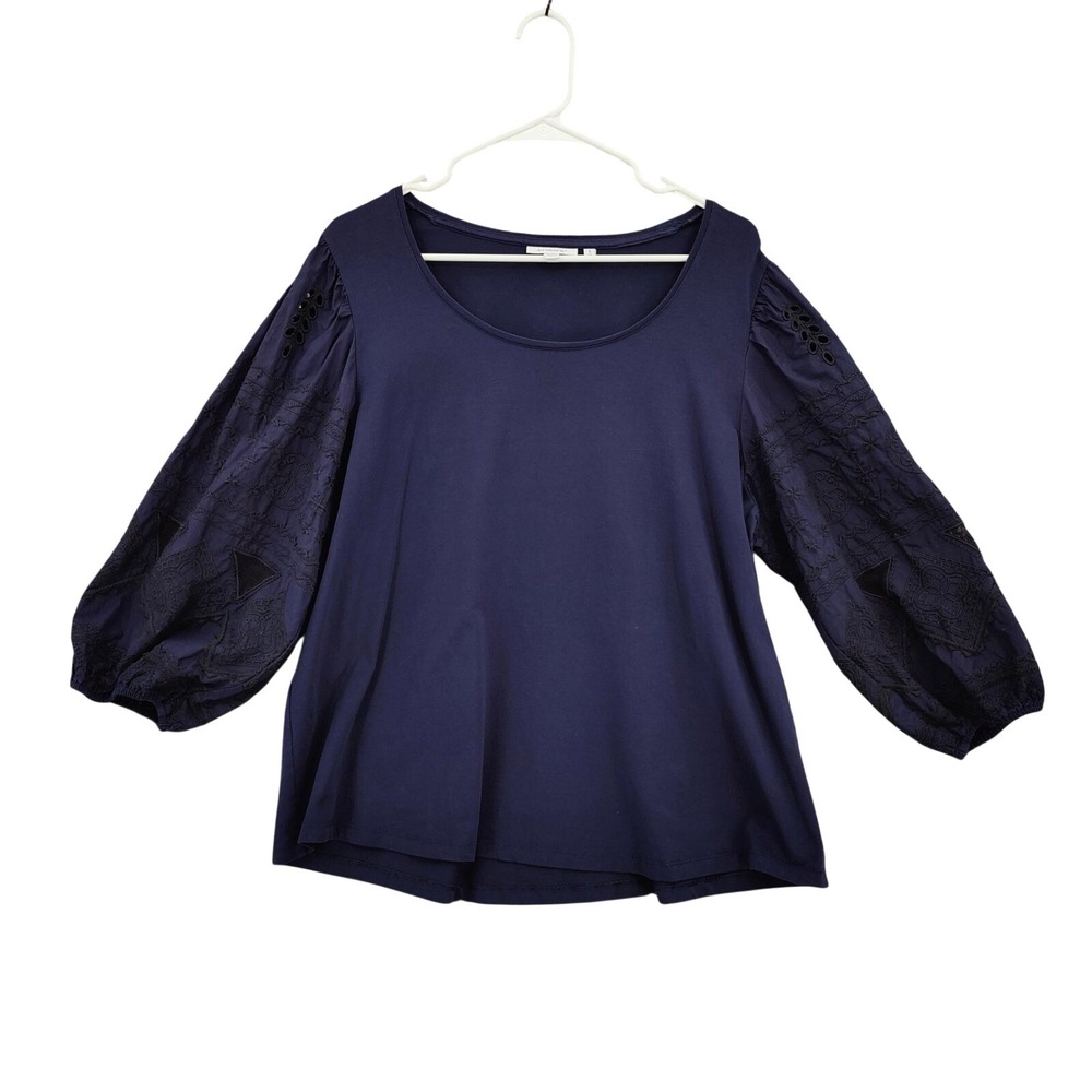 Chicos Womens Peasant Cottage Embroidered Balloon Sleeve Top 3 XL Prairie Navy